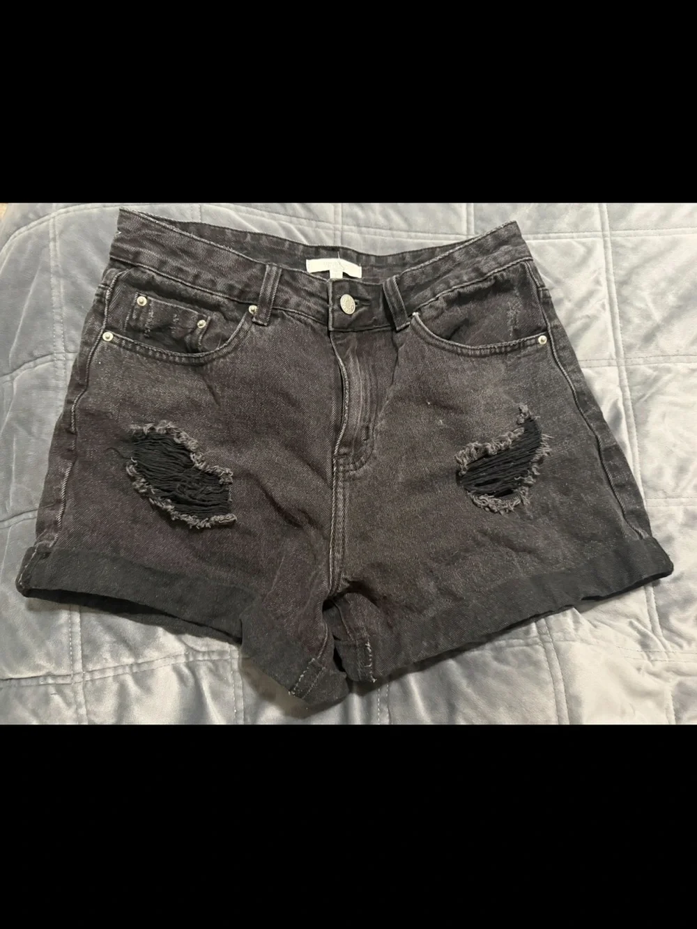 High-Rise Distressed Black Denim Shorts